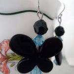Black Butterfly With Teal Bead Accents Earrings