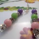 Purple, Green, And Pink Beaded Earrings