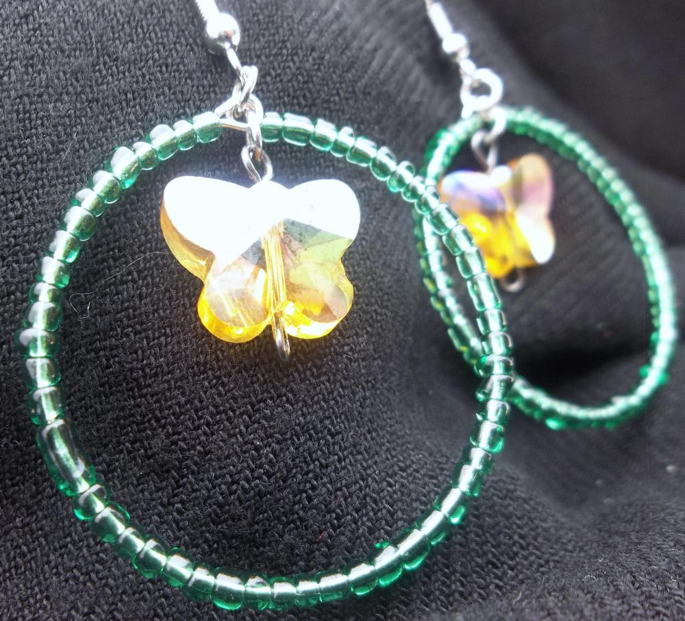 Green Hoops And Yellow Butterflies Earrings - It's Spring!!!