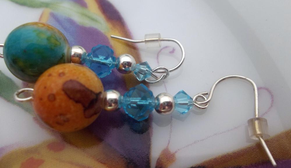 Marbled Beads And Turquoise Swarovski Crystals Earrings