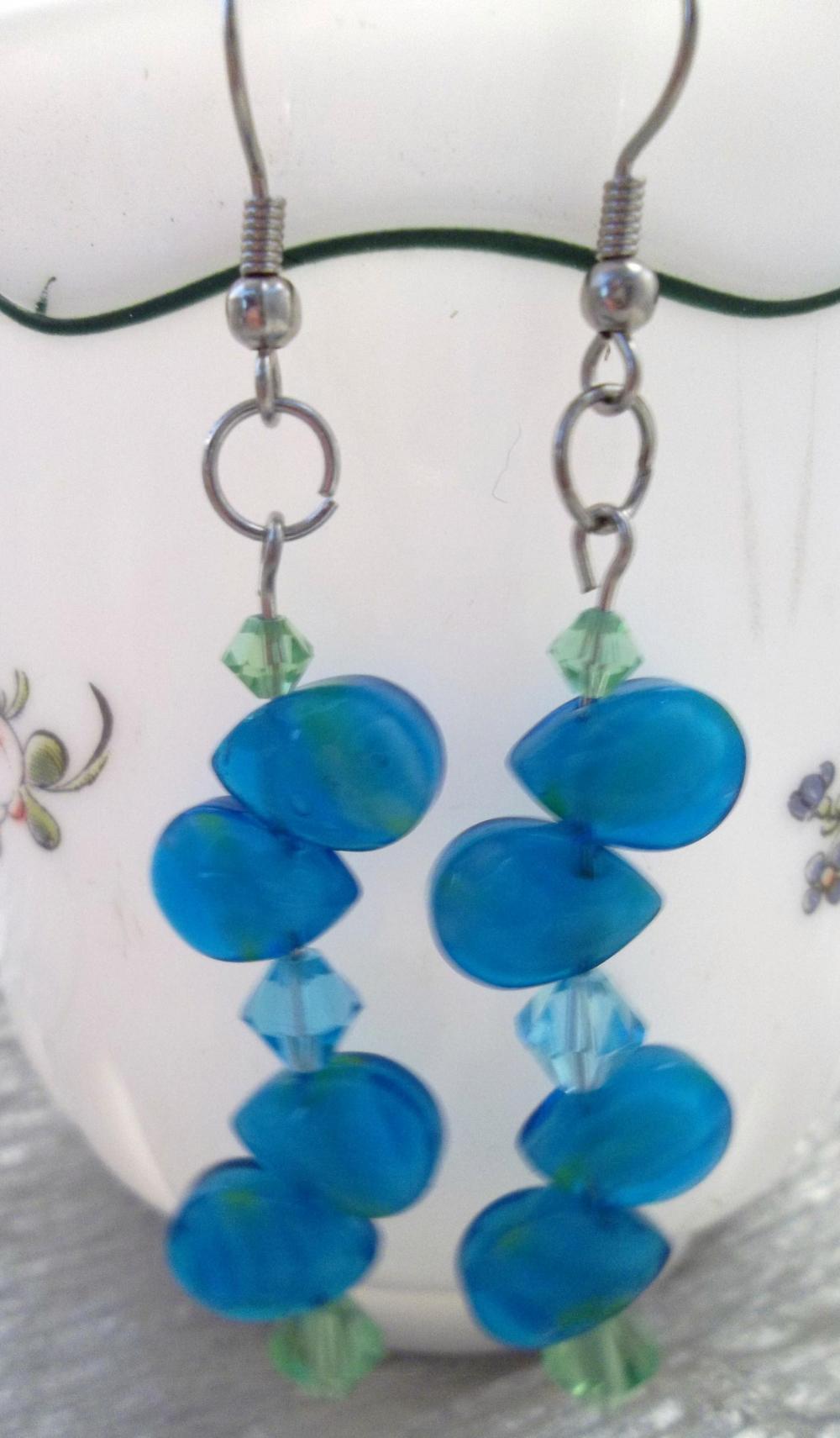 Turquoise Glass Beads And Green Swarovski Crystal Earrings