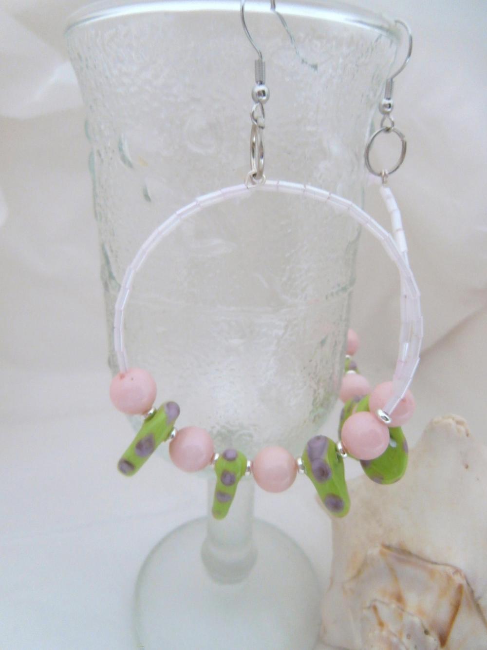 Pink And Green Lampwork Earrings